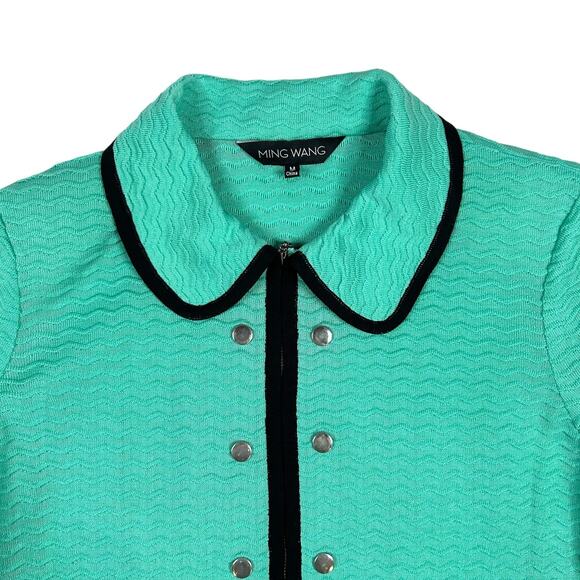 Ming Wang Size M Full Zip Contrast Trim Cardigan Acrylic Jacket Mint Green Black - Picture 2 of 12